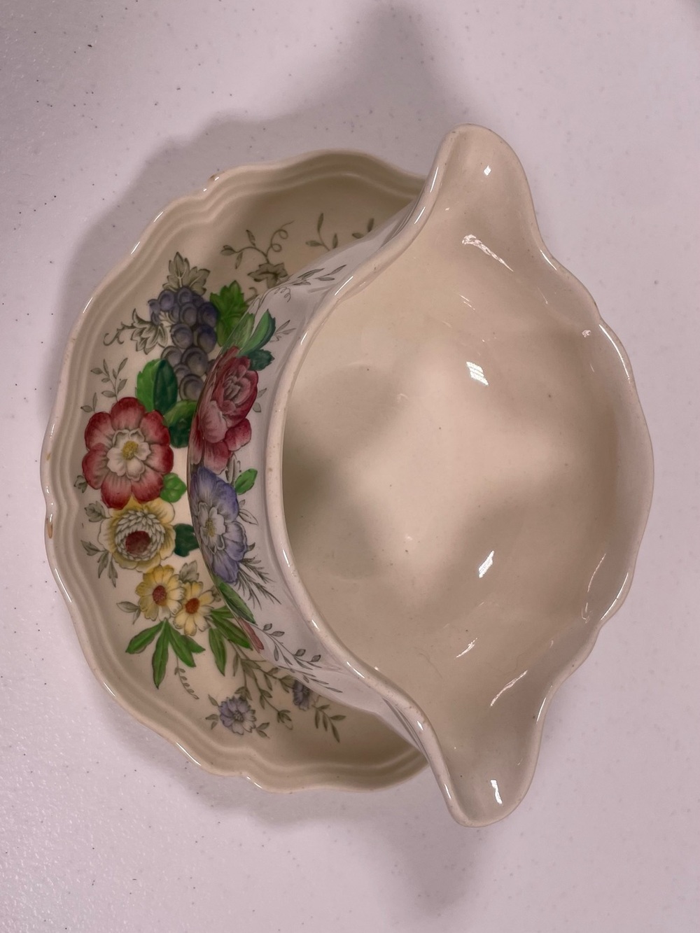 Royal Doulton Floral Cream and Multicolor Gravy Boat with Attached Underplate